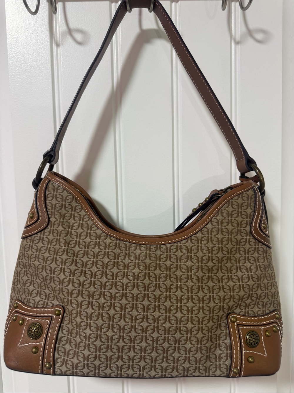 Vintage Fossil ZB4108 Monogram Jacquard Brown Leather Shoulder Purse
